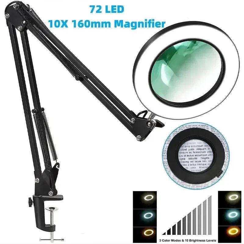 72-LED 8X/10X USB Illuminated Magnifying Glass Lamp - 4.2 in (106 mm) Lens, 3-Color Dimmable LED, Adjustable Arm & Clamp for Soldering, Crafts, Skincare