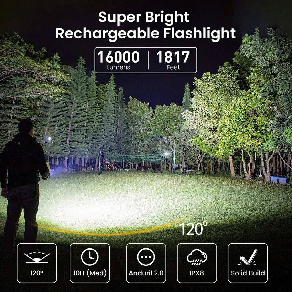 Super Powerful 16000 Lumen LED Flashlight — USB-C Rechargeable, IP68