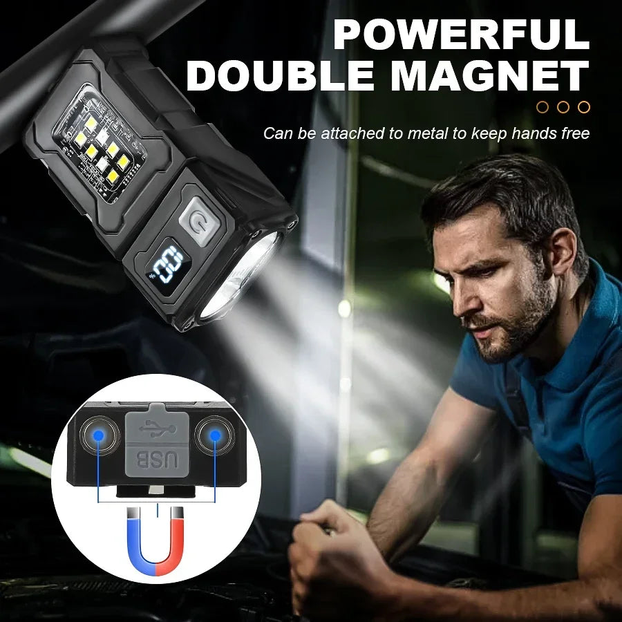 Mini USB Rechargeable LED Flashlight — COB + LED, Magnetic, 8 Modes