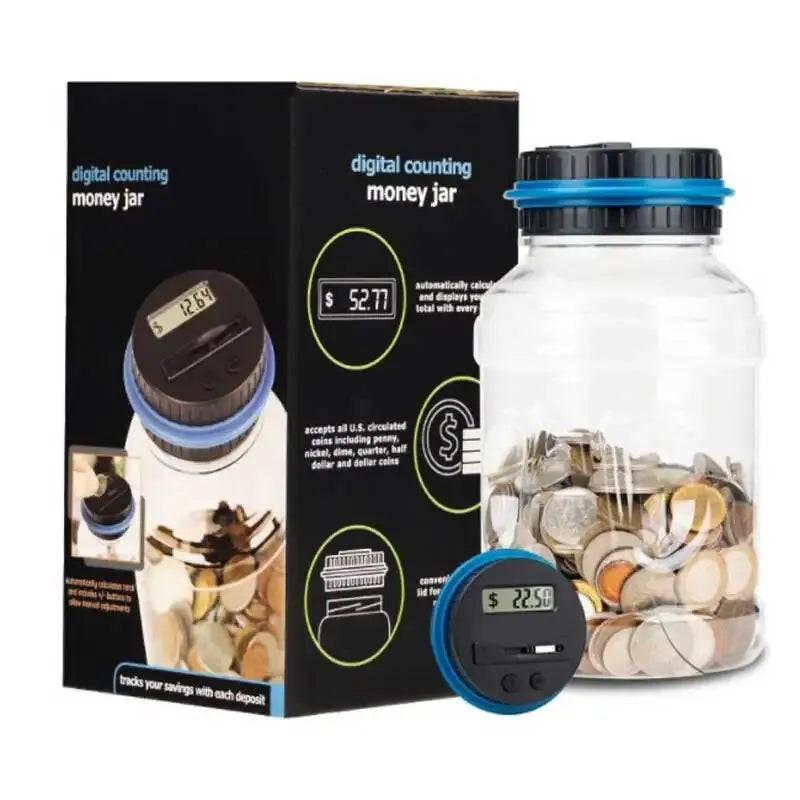 1.8L (61 fl oz) Smart Coin Counter Jar - Transparent Large Capacity Money Bank for USD, Euro, Pound Sterling