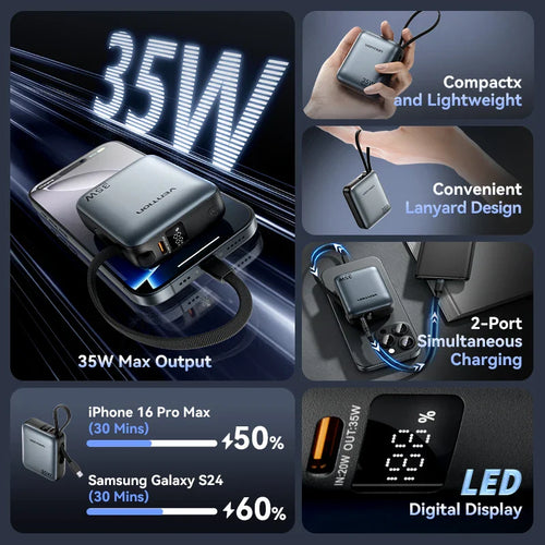 10000mAh 35W PD Fast Charging Power Bank with Built-in USB-C & Lightning Cables Compact Portable Charger for iPhone and Android