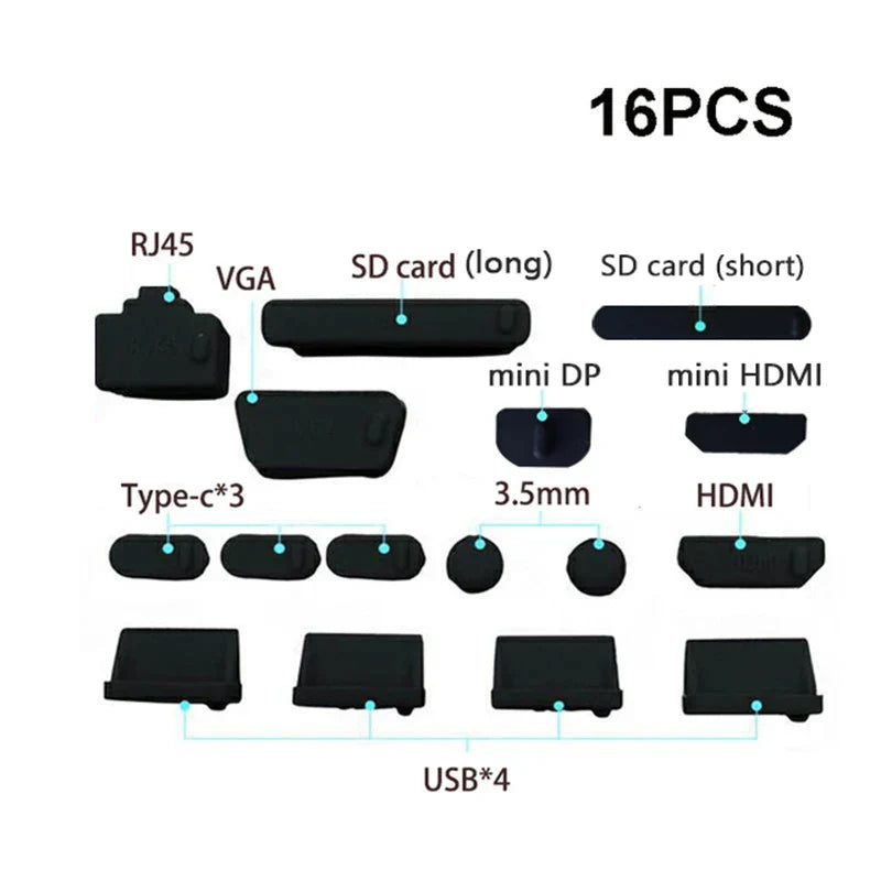 16-Piece Universal Silicone Dustproof Plugs for Laptop & Notebook Ports, USB Port Protectors