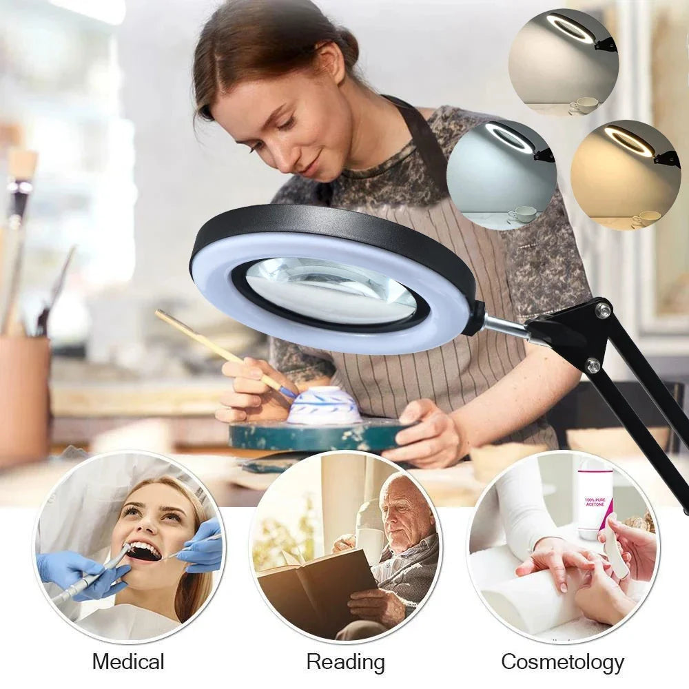 72-LED 4.2-Inch (106 mm) 8X/10X USB Illuminated Magnifying Lamp — 3-Color LED, Adjustable Swing Arm Clamp for Soldering, Repair & Beauty