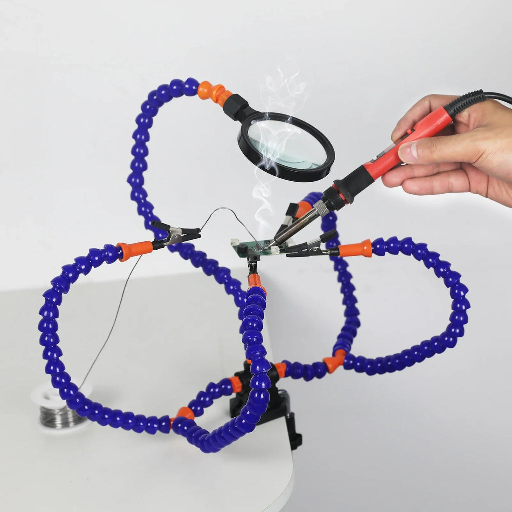 3X (55mm) Magnifier Soldering Helping Hands with PCB Holder and 5 Flexible Arms, Desk Clamp Station