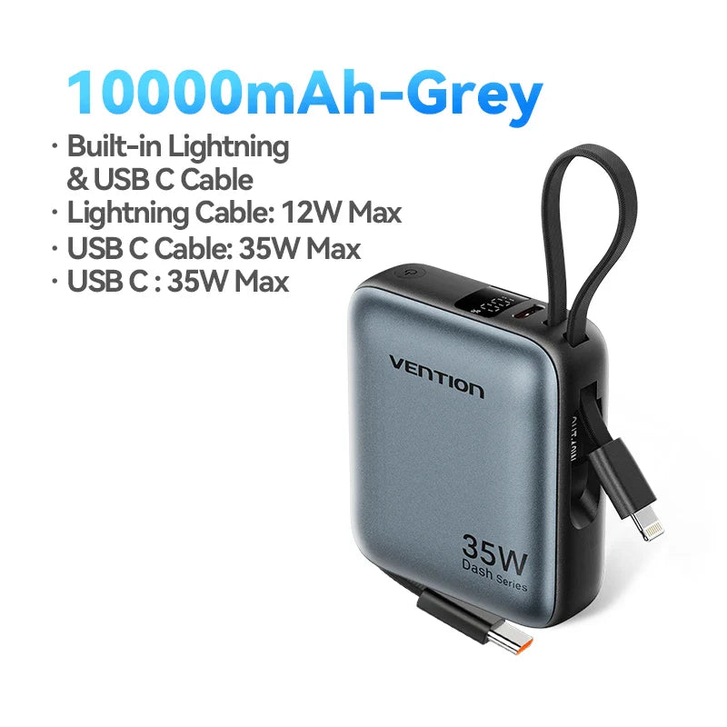 10000mAh 35W PD Fast Charging Power Bank with Built-in USB-C & Lightning Cables Compact Portable Charger for iPhone and Android