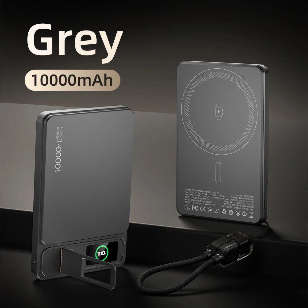 10000mAh Magnetic Wireless Power Bank 20W Fast Charge Slim Portable Battery with Built-in Cables & Phone Stand for Magnetic-Compatible Phones and Smartwatches