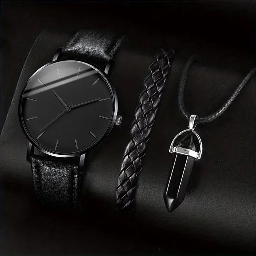 3-Piece Men's Business Casual Quartz Watch Set with Leather Strap, Necklace & Bracelet — 41mm (1.61 in) Case