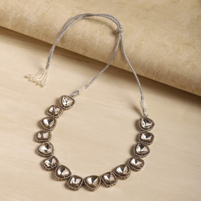 Beautiful 18k Foil Gold Plating Polki Kundan and Diamond Silver Necklace