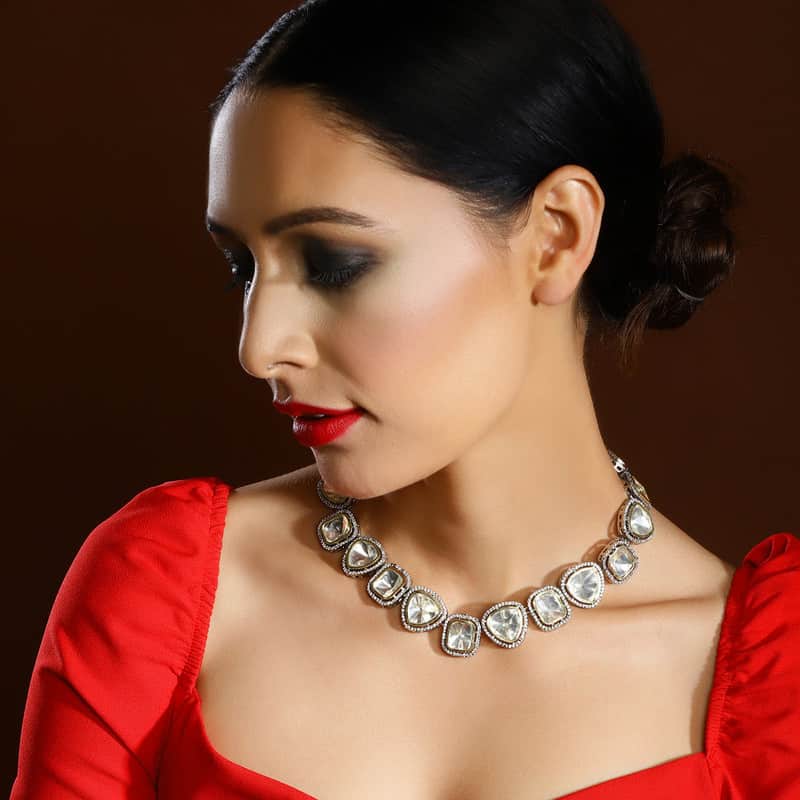 Beautiful 18k Foil Gold Plating Polki Kundan and Diamond Silver Necklace