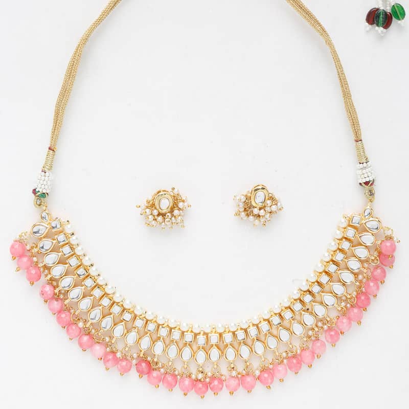 Beautiful Pink And Golden Precious Stone Kundan Choker With Studs Set