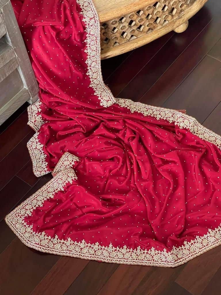 Beautiful Zardozi and Zarkan Work Crepe Satin Saree