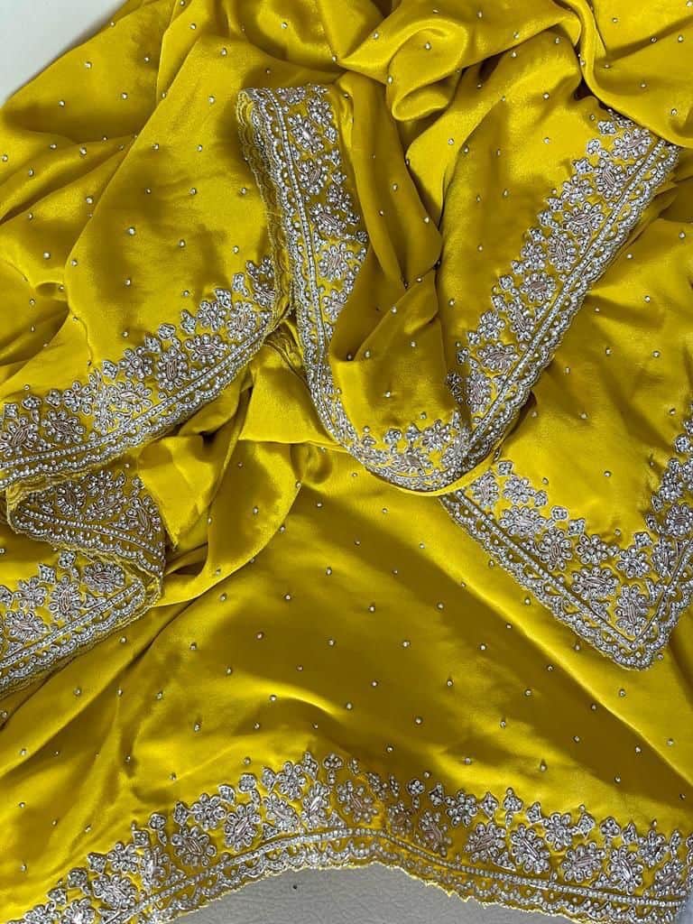 Beautiful Zardozi and Zarkan Work Crepe Satin Saree