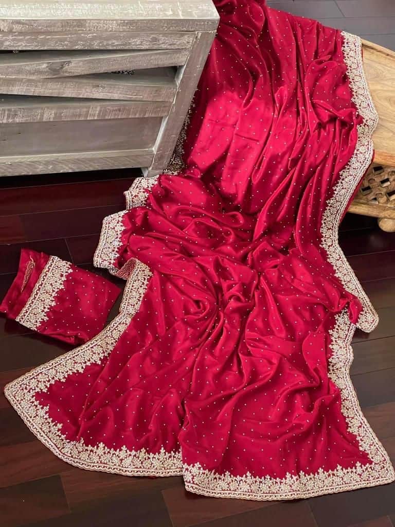 Beautiful Zardozi and Zarkan Work Crepe Satin Saree