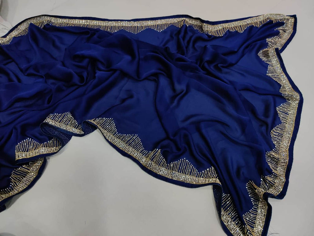 Beautiful Zardozi and Zarkan Work Crepe Satin Saree
