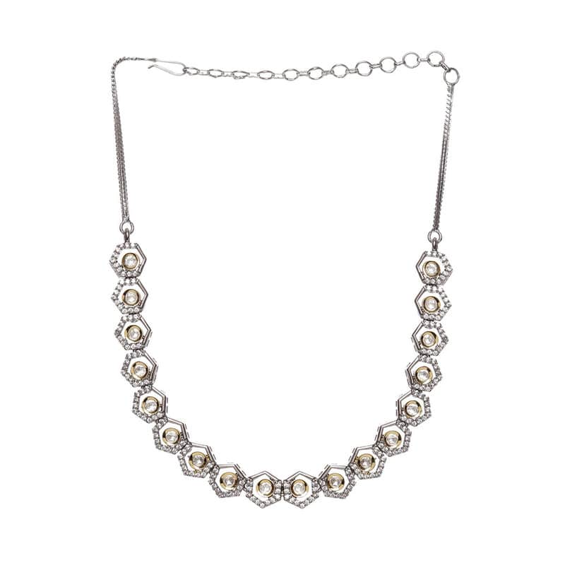 Beautifully Design Dual Tone Gold And Silver Choker With American Diamonds And Kundan