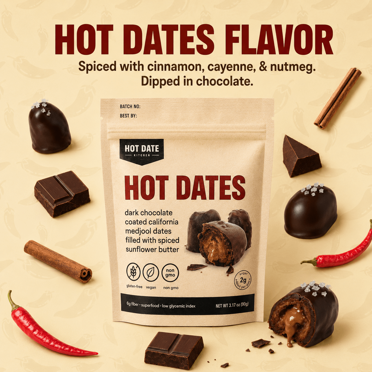 Spiced Dark Chocolate Stuffed Medjool Dates - 8 Pack