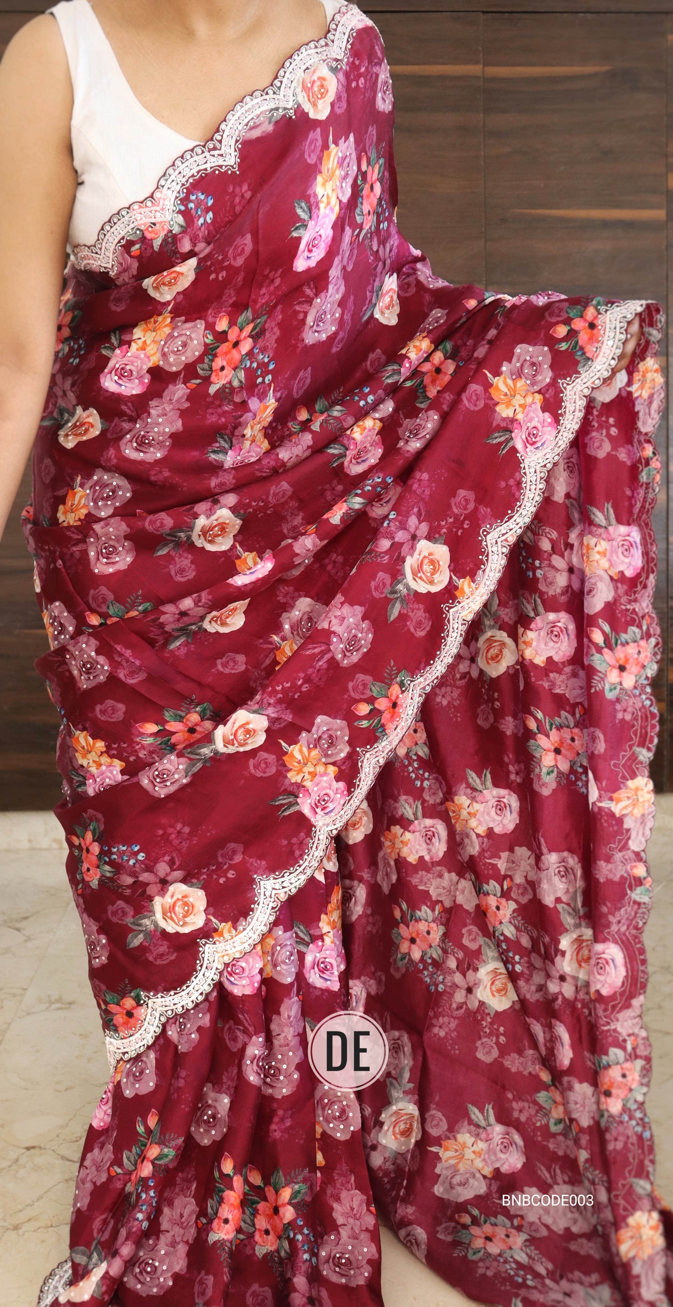 Cowkadi Flowers Buta Print Designer Satin Silk Saree