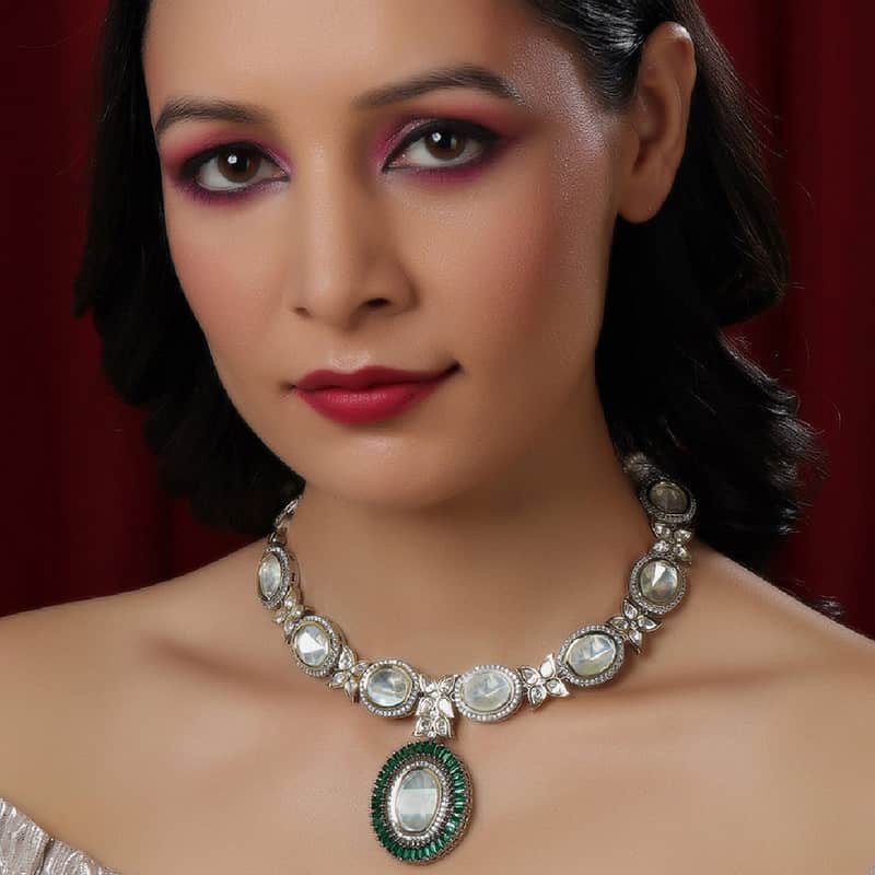 Designer Gold And Silver Tone Necklace With Green Center Piece