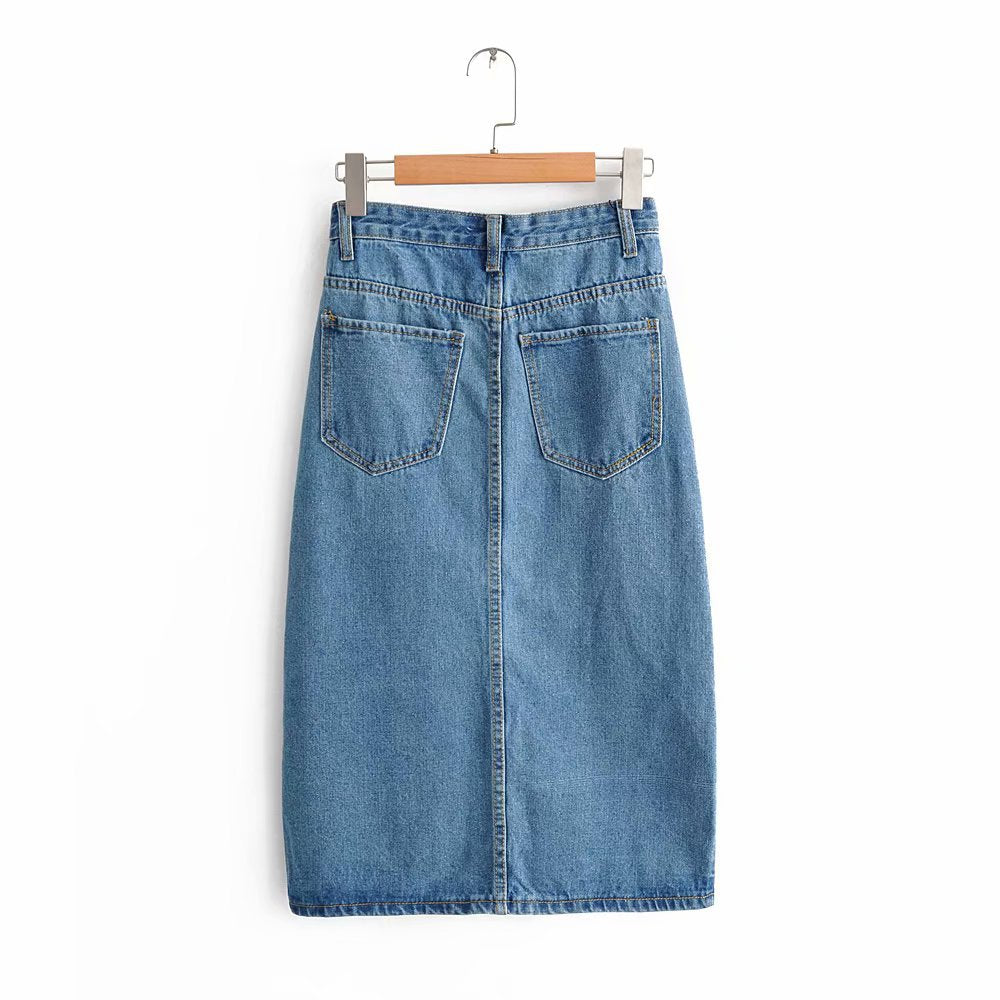 Split Hem Denim Skirt, Bodycon Denim Midi Skirt