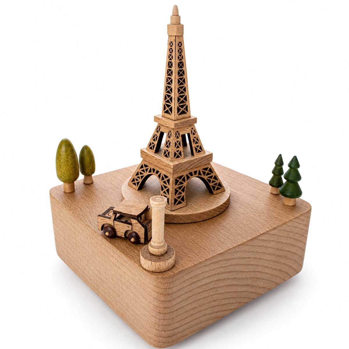 Eiffel Tower Wooden Musical Figurine - Moving Paris Car Music Box 5.8 Inches