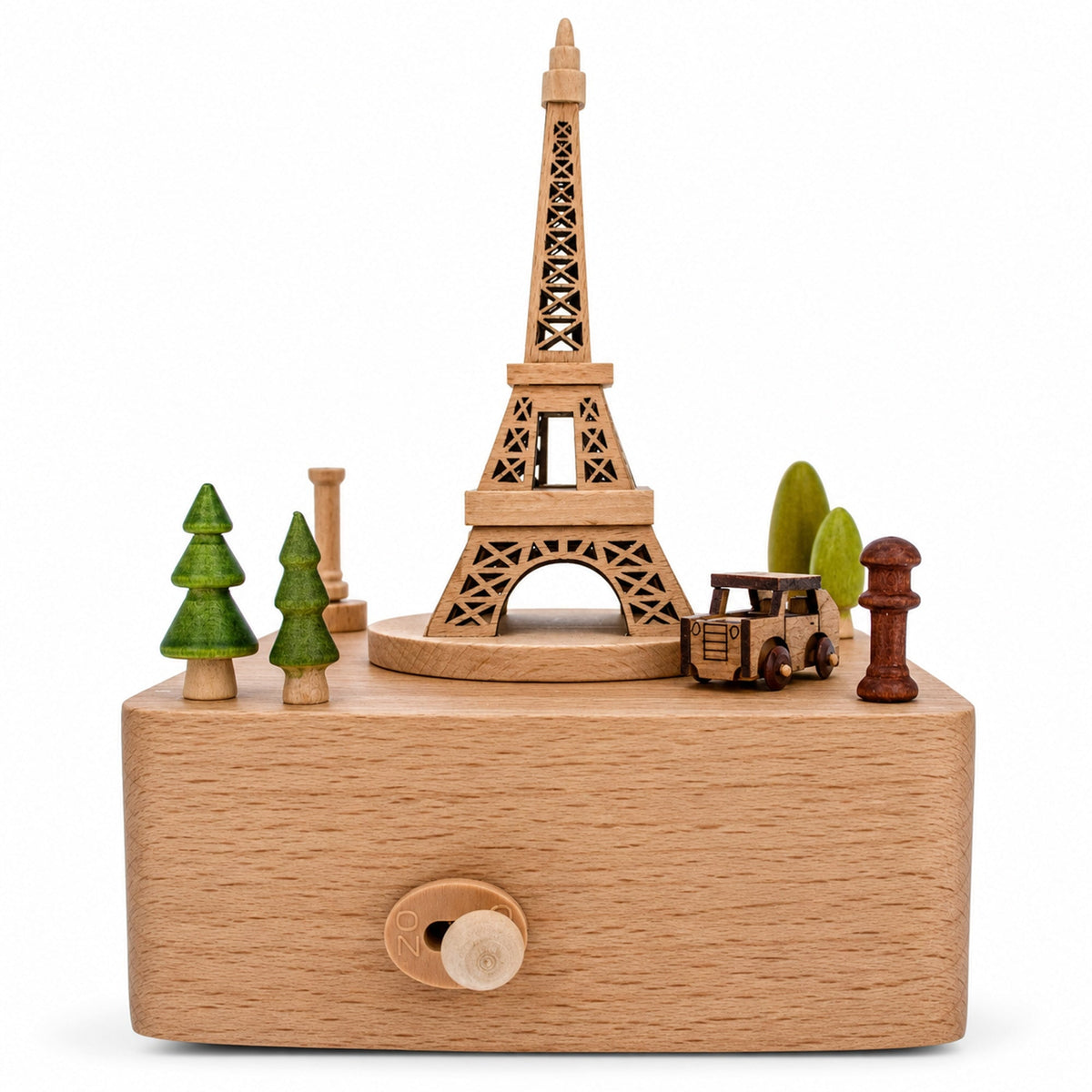 Eiffel Tower Wooden Musical Figurine - Moving Paris Car Music Box 5.8 Inches
