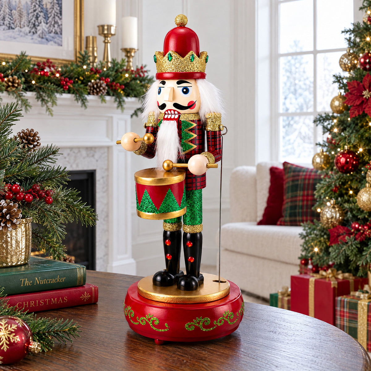 Animated Nutcracker Drummer Musical Figurine - Winter Music Box 13 Inches
