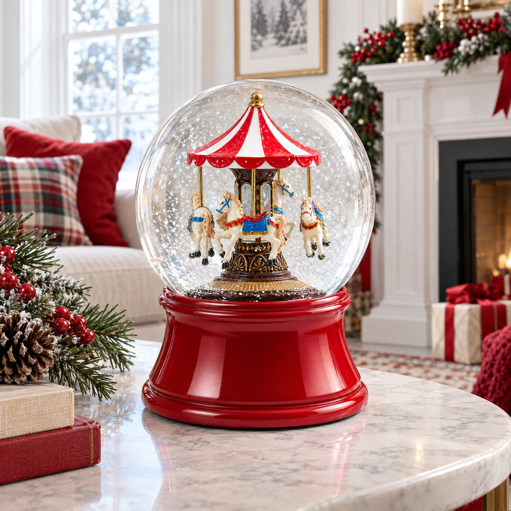 Whirling Carousel Wind-up Spinning Horses Musical Water Globe