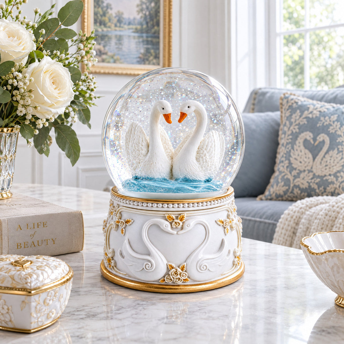 Romantic Swan Spinning Musical Water Snow Globe