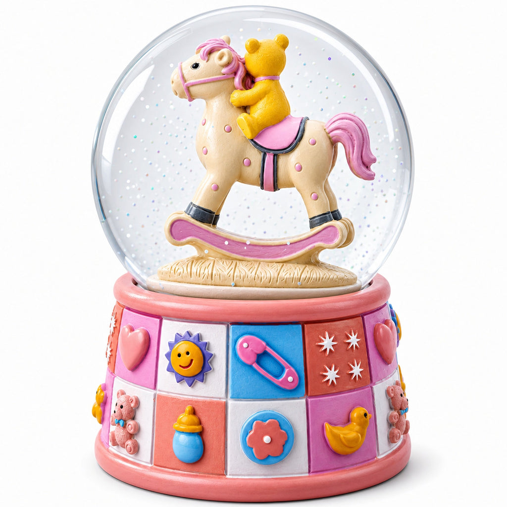 Teddy Bear Rocking Horse Musical Snow Globe - Nursery Decor 5.7 Inches
