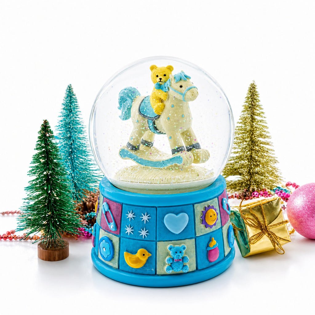 Teddy Bear on Rocking Horse Baby Boy Musical Water Snow Globe