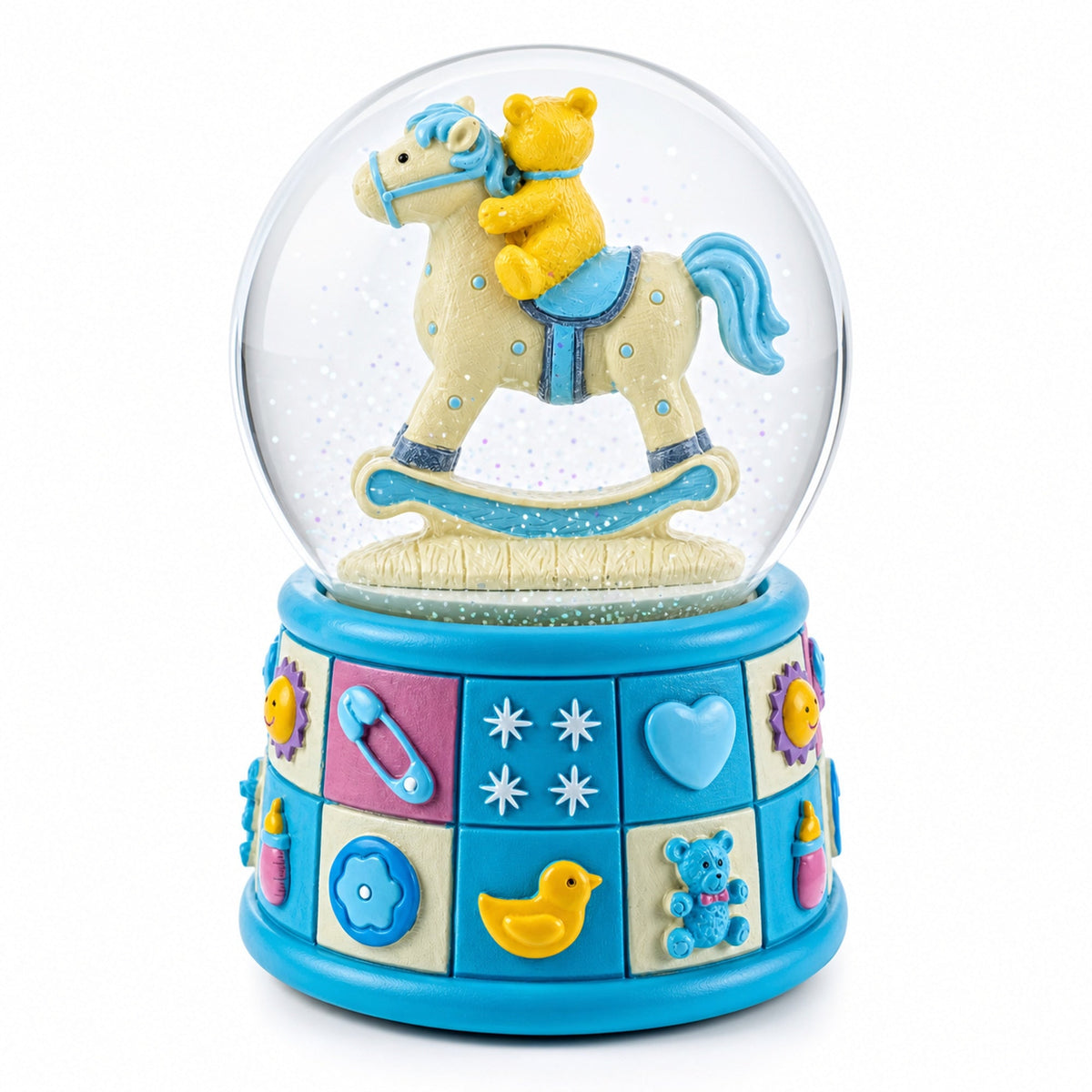 Teddy Bear on Rocking Horse Baby Boy Musical Water Snow Globe