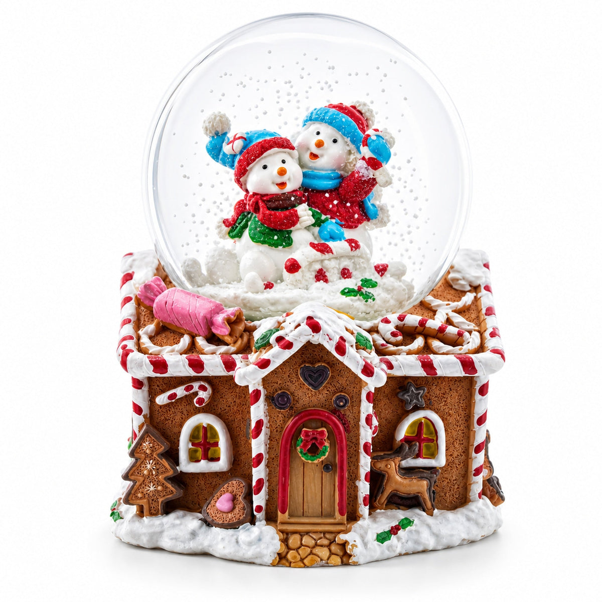 Gingerbread Cottage Snowmen Romance Musical Water Snow Globe