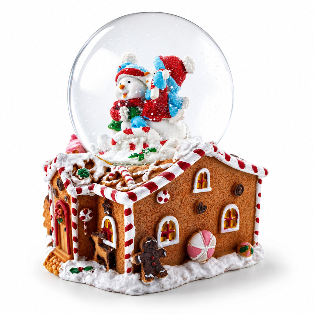 Gingerbread Cottage Snowmen Romance Musical Water Snow Globe