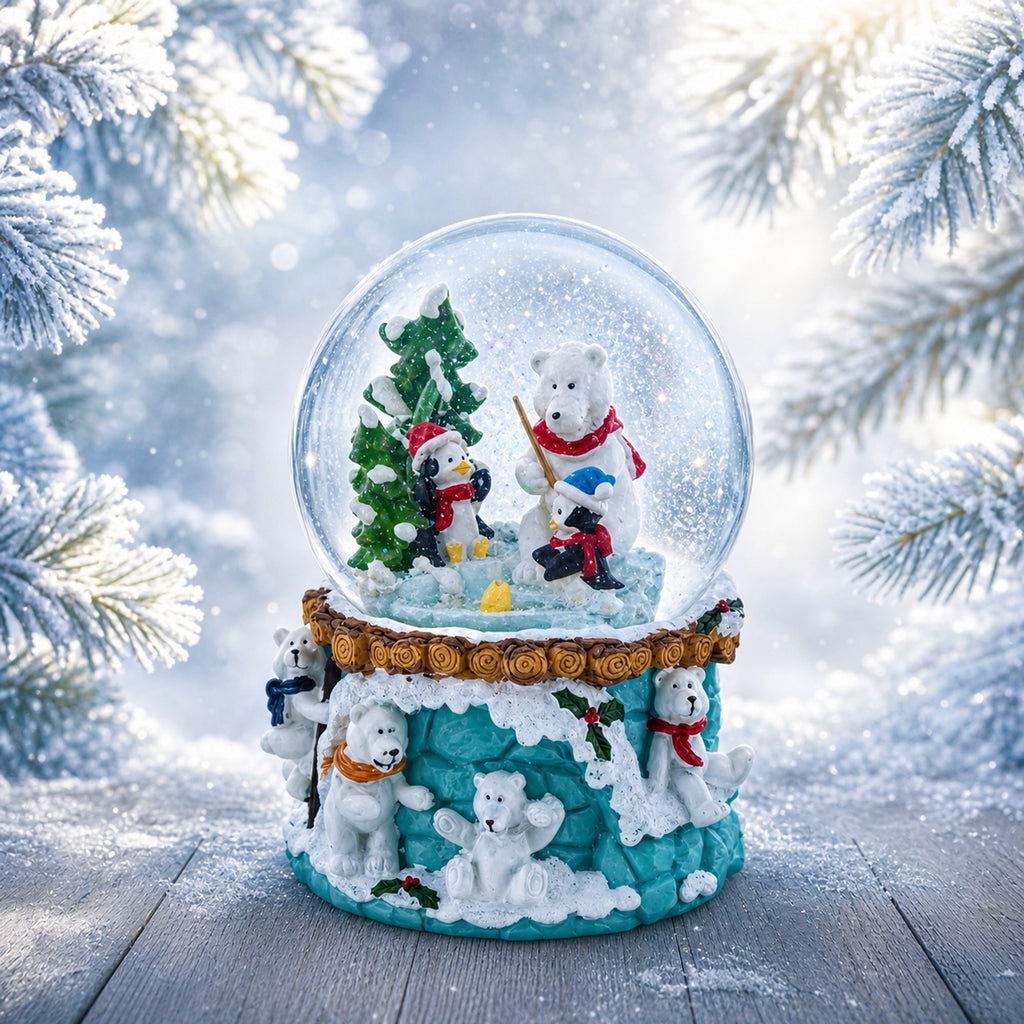 Bear and Penguins Fishing Musical Christmas Water Snow Globe