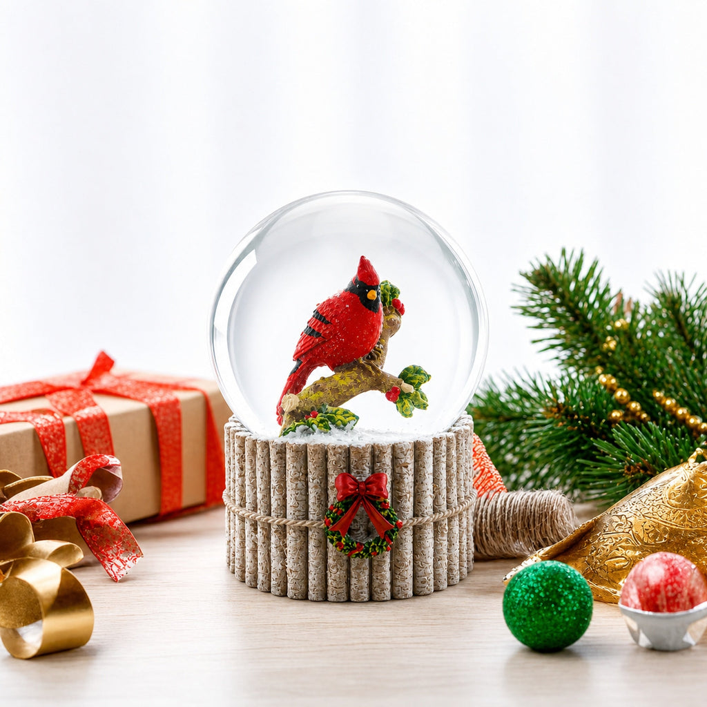 Red Cardinal on Birch Tree and Wreath Musical Water Globe
