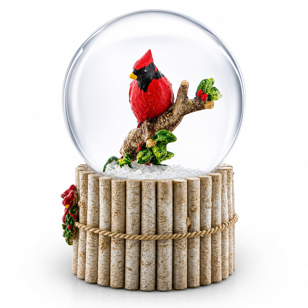 Red Cardinal on Birch Tree and Wreath Musical Water Globe