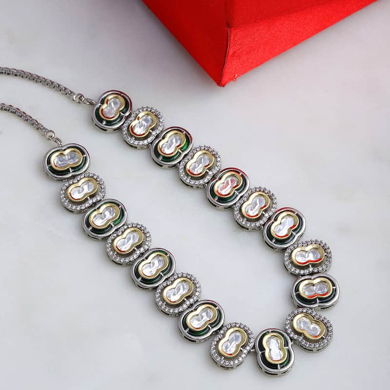 Ruby Raang Presents Mufli Kundan Neckpiece With Meenakari and American Diamonds