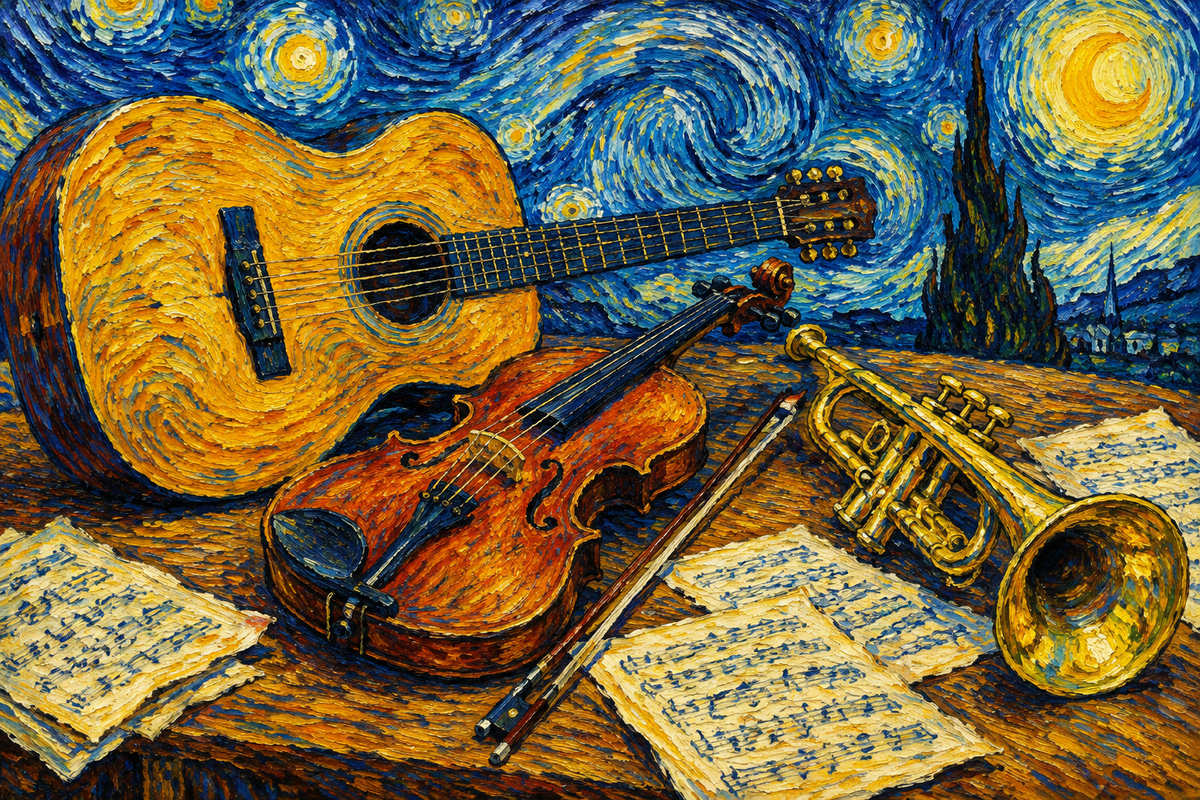 Van Gogh style painting of a guitar, violin, trumpet and sheet music under a swirling starry sky