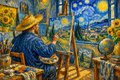Van Gogh style painting of an artist at an easel under a swirling starry sky