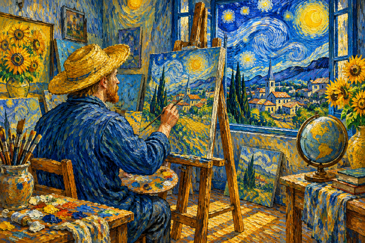 Van Gogh style painting of an artist at an easel under a swirling starry sky