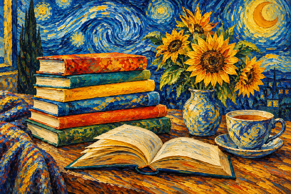Van Gogh style painting of stacked books, sunflowers and tea under a swirling starry sky