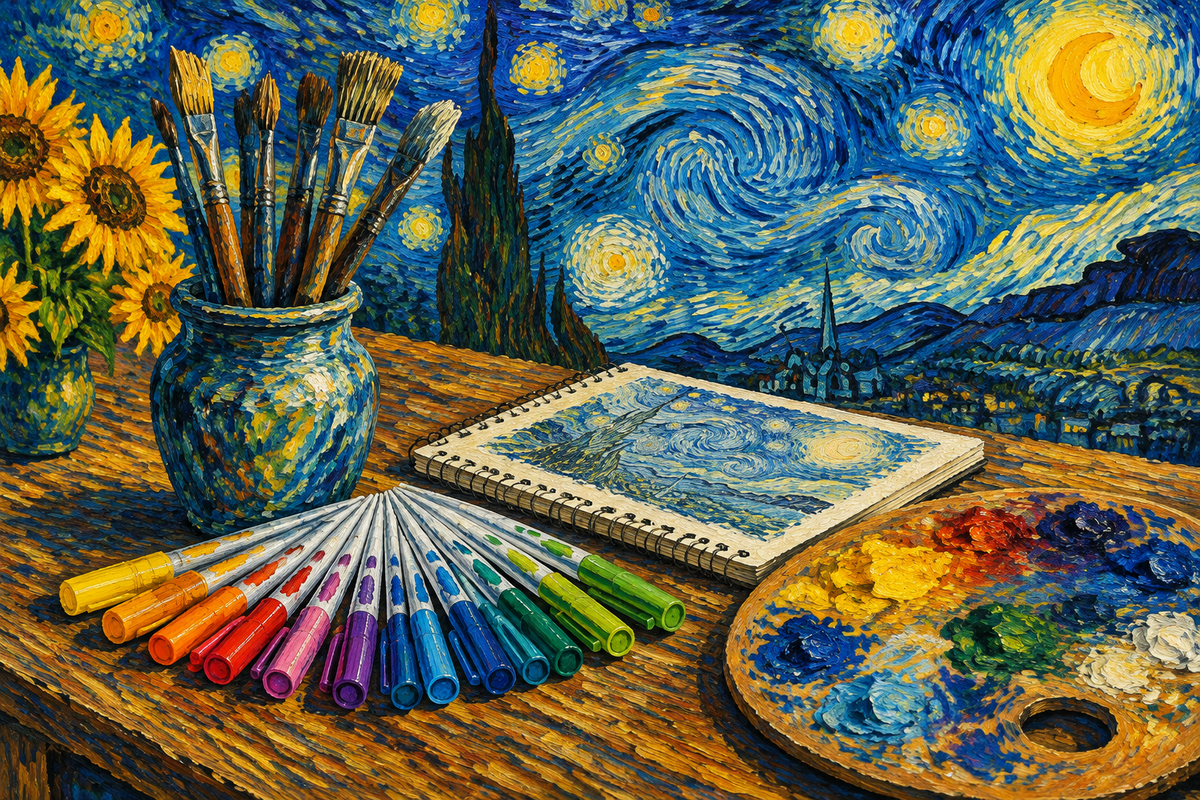 Van Gogh style painting of watercolor markers, brushes and a sketchbook under a swirling starry sky