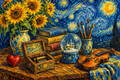 Van Gogh style still life of a music box, books, snow globe, brushes, violin and sunflowers