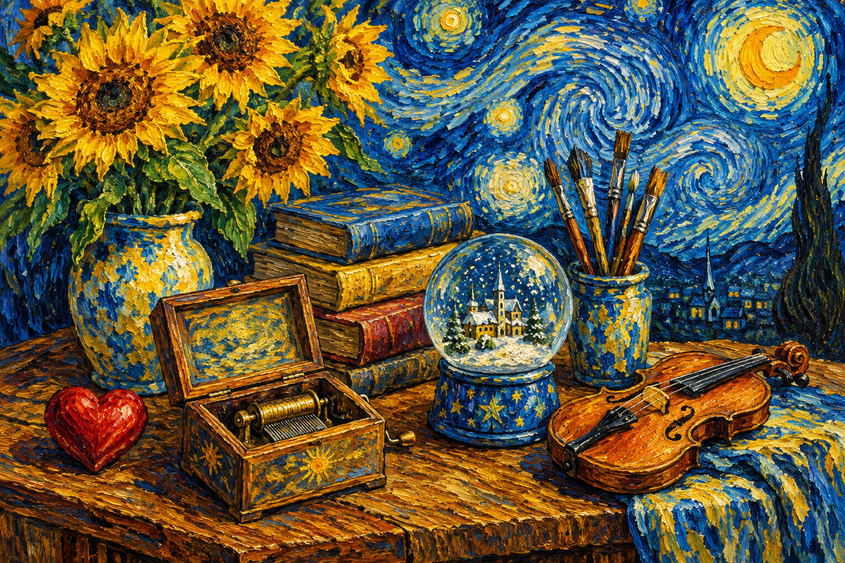 Van Gogh style still life of a music box, books, snow globe, brushes, violin and sunflowers