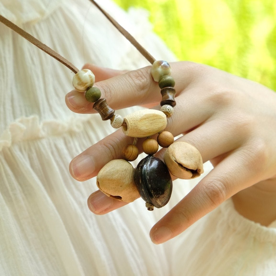 "Woodland Echo" Seed＆Wood Bead Necklace