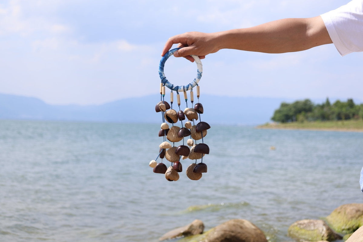 "The Indigo Rain" - Shibori Wrapped Ring & Cascading Shell Hand Bell