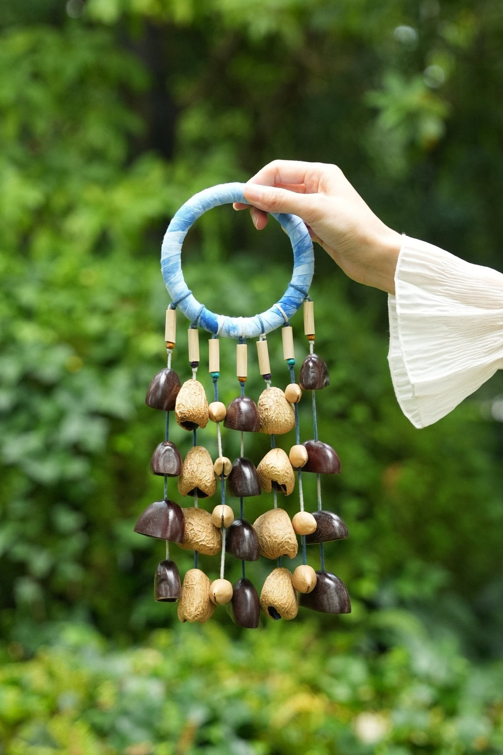 "The Indigo Rain" - Shibori Wrapped Ring & Cascading Shell Hand Bell