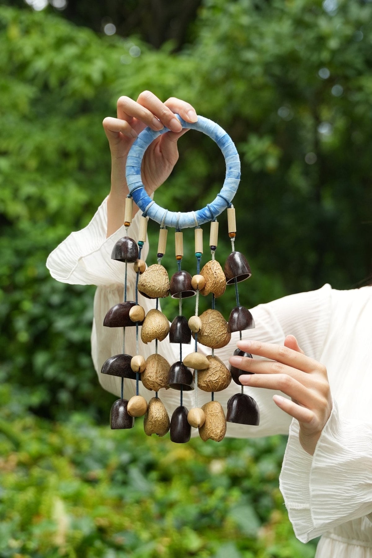 "The Indigo Rain" - Shibori Wrapped Ring & Cascading Shell Hand Bell