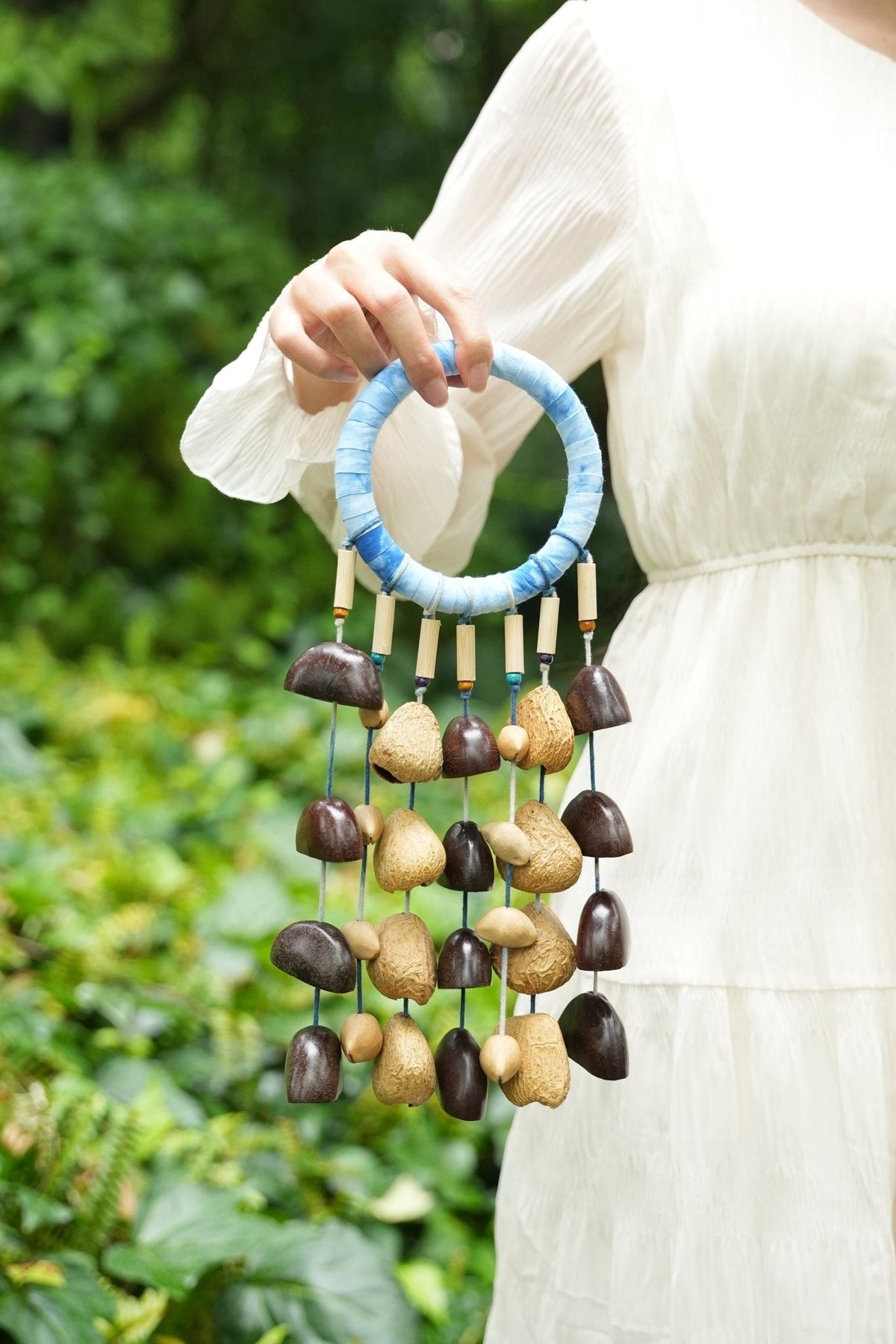 "The Indigo Rain" - Shibori Wrapped Ring & Cascading Shell Hand Bell