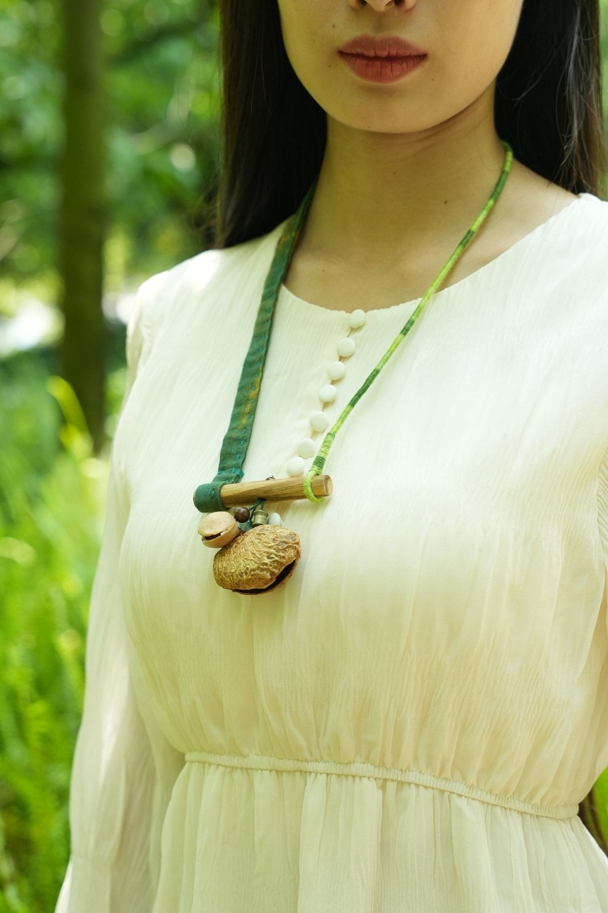 "The Mossy Branch" - Green Fabric Strap Necklace with Wood Bar & Seed Pod